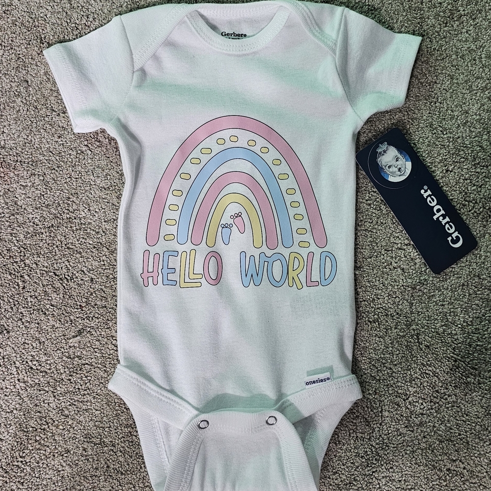 Gerber Hello World Rainbow Bodysuit - White, Pink, Blue, Yellow